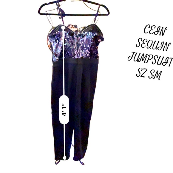 SEQUIN TOP JUMPSUIT SZ SM SILKY WITH SPAGHETTI STRAPS ZIP UP BACK Good Stretch - Picture 12 of 12